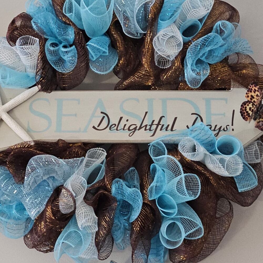 Seaside Delightful Days! Handmade Wreath Starfish Butterfly Wooden Plaque 30x7